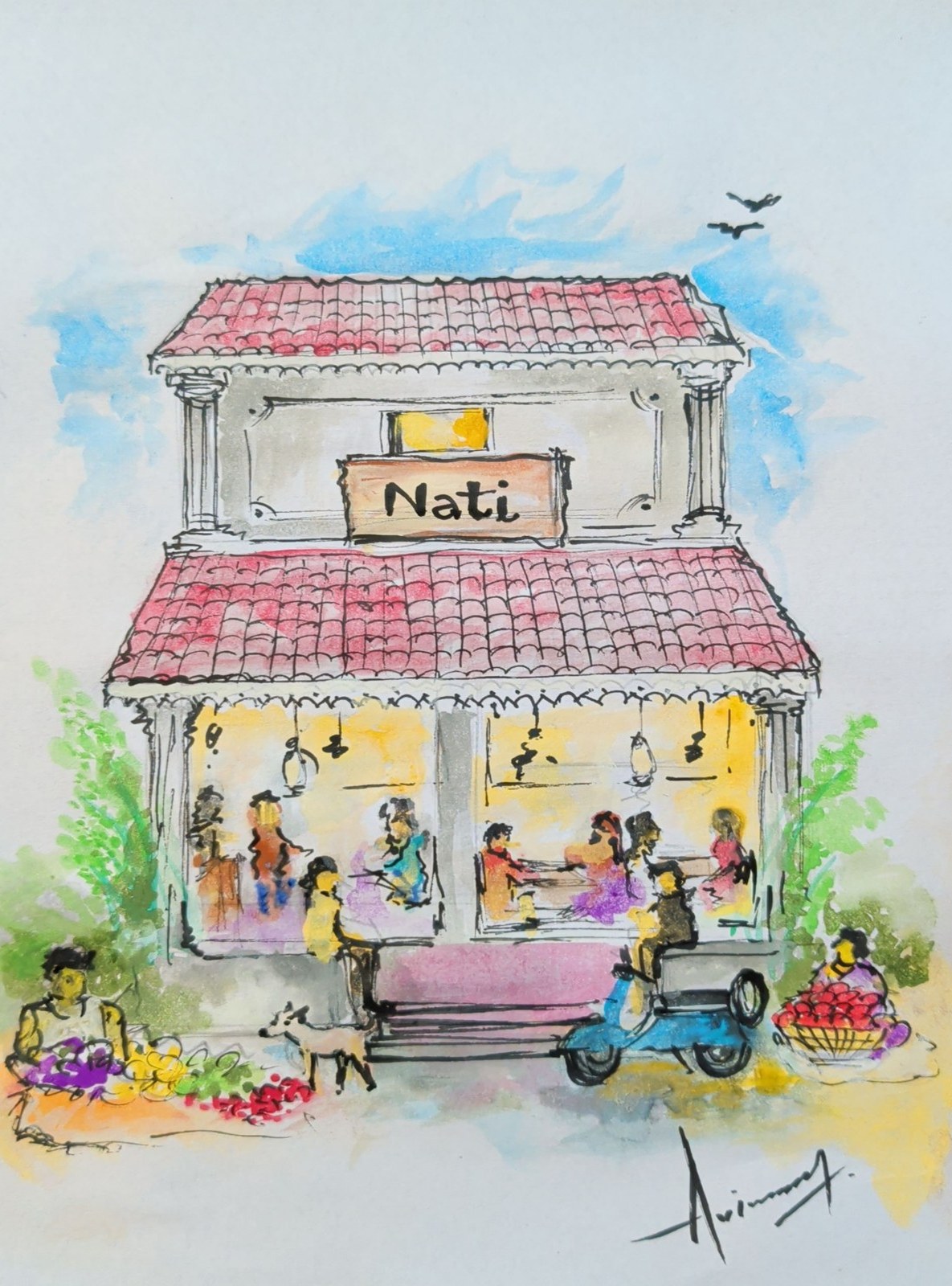 Hand-painted sketch of the Nati storefront — a tiled-roof South Indian eatery with diners, a flower seller, a scooter and a dog.